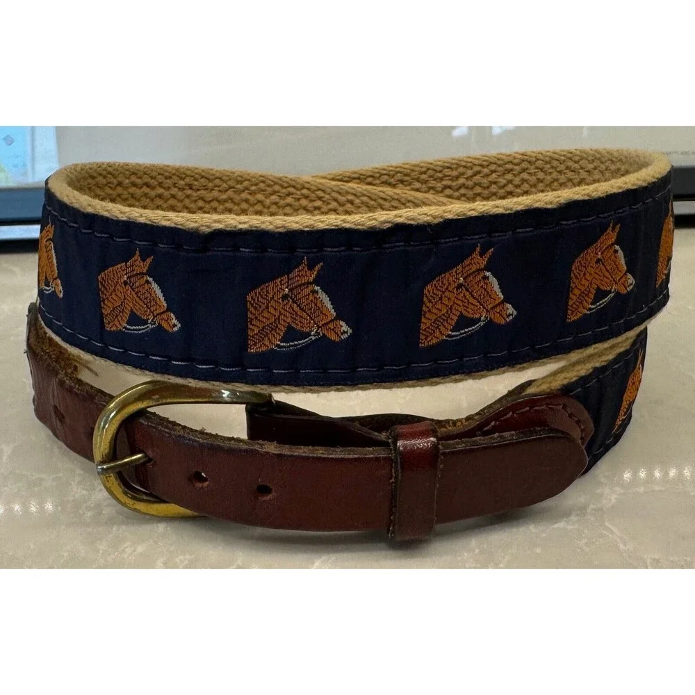 Bridled Horse Equine Canvas Leather Belt - Size 28 - Navy